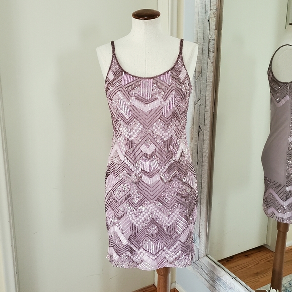 Adrianna Papell Art Deco Beaded Cocktail Dress Light Heather Dusty